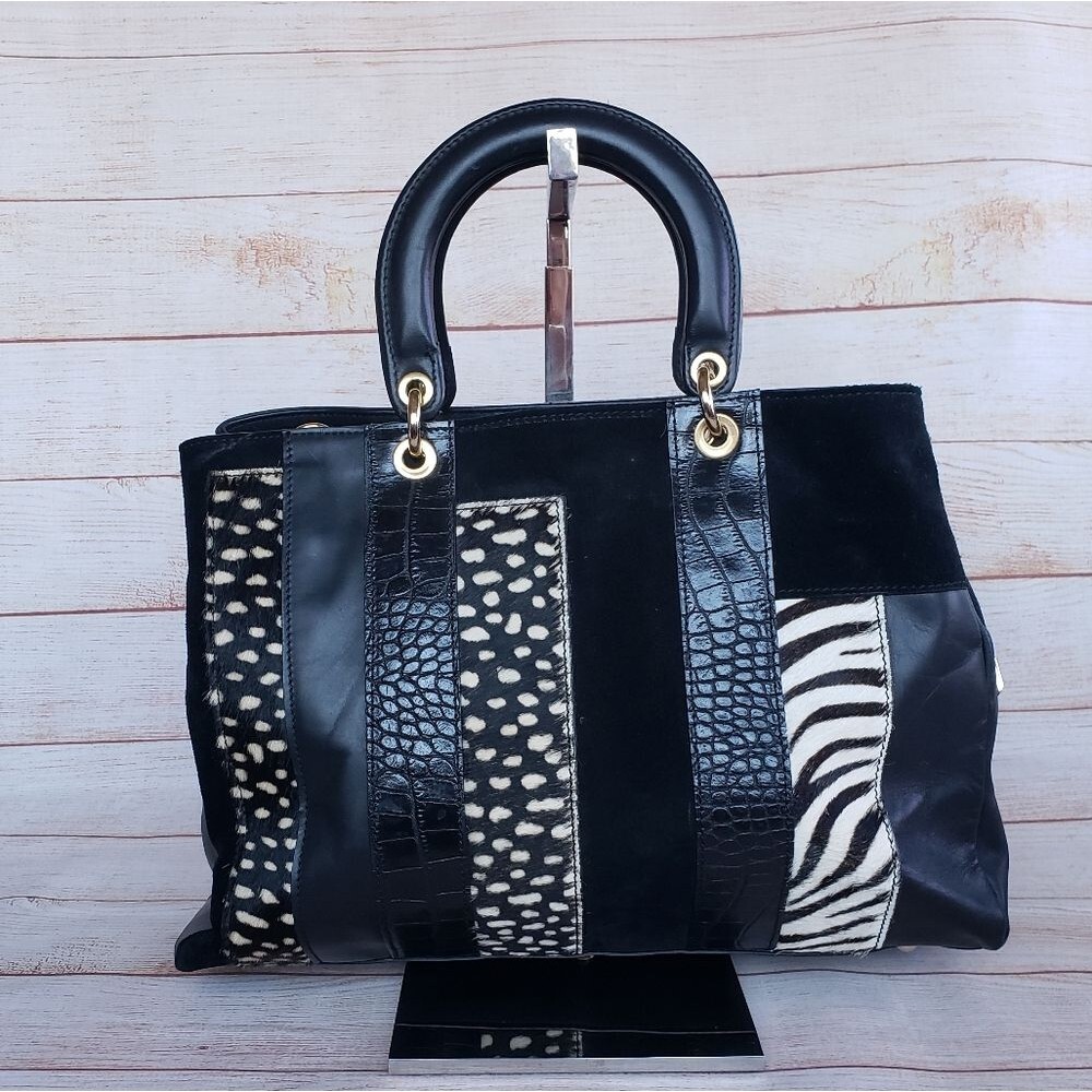 A. Bellucci Leather Suede Animal Print Satchel Made in Italy Multi Black